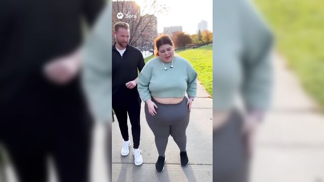A girl is having fun with tight clothes, showcasing her playful side