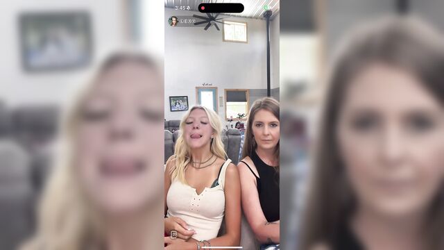 Stepmom and stepdaughter compare their tongues during a live stream session