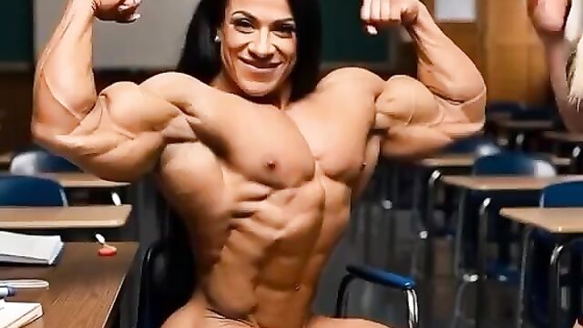 Naked muscle girls are having a hot lesbo session in the classroom