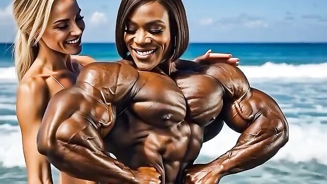 A blondie is doing a striptease on the beach, showcasing her bodybuilding physique