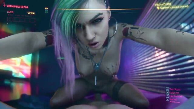 Judy does a cowgirl ride in a unique cyberpunk style
