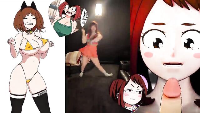 Cosplay uraraka ochako sweetly sucks a dildo and jerks off